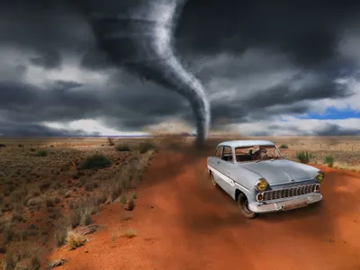 Epic Chimpanzee Wallpaper Cars Wallpaper 4K 4000x3000 A, Chimpanzee, Drives, Vintage, Car, On, Dirt, Road, Beneath, Dark, Sky, Looming, Brown, Landscape, 4k