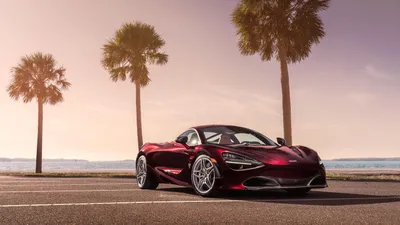 Sleek Red Mclaren Nature Wallpaper 4K 6000x3375 A, Sleek, Red, Mclaren, 720s, Supercar, Parked, By, Waterfront, Palm, Trees, Under, White, Gray, Ultrawide, 4k