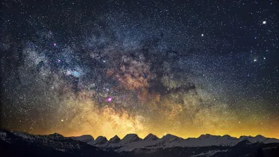 Starry Night Mountain Peaks Wallpaper 4K, Space category
